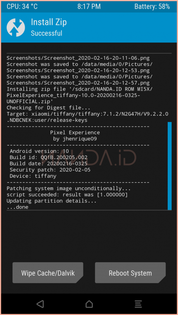 ROM Pixel Experience Android 10 Xiaomi Mi 5X Tiffany